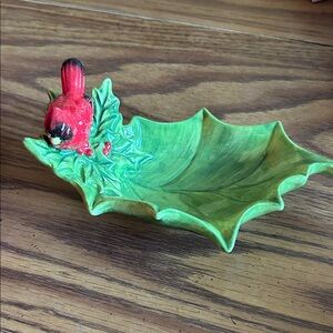 Cracker Barrel Green Leaf Dish with Red Cardinal Accent